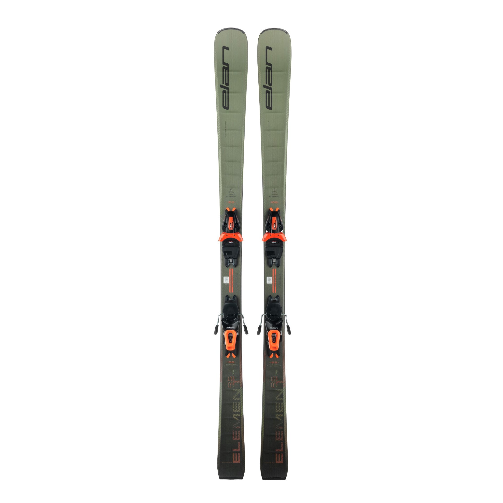 Elan Element 78 System Skis with EL 10.0 Bindings - A pair of skis with a green base color and black lettering, featuring an orange binding system.