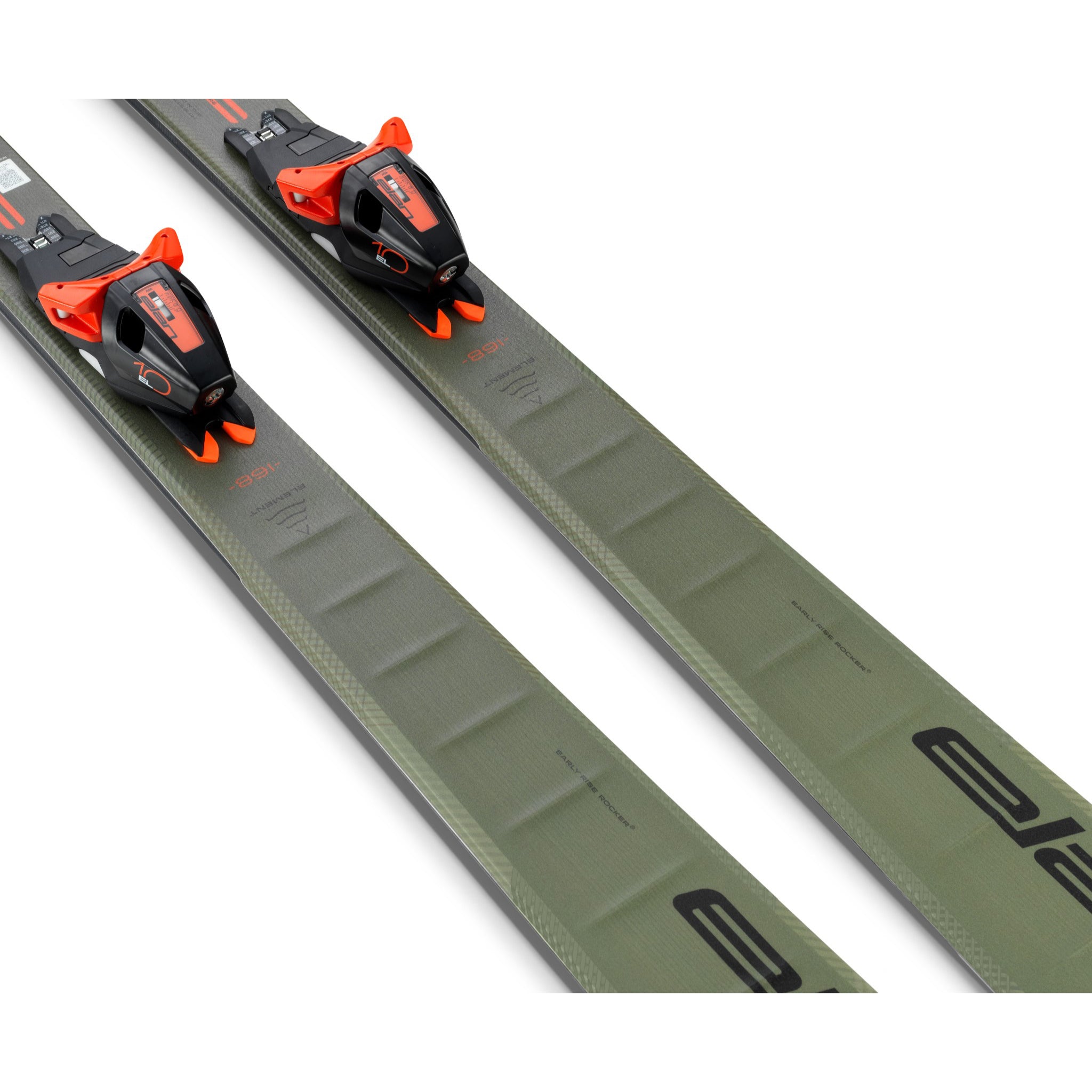 Elan Element 78 System Skis with EL 10.0 Bindings - A pair of skis with black bindings and orange accents, featuring a gray base color.