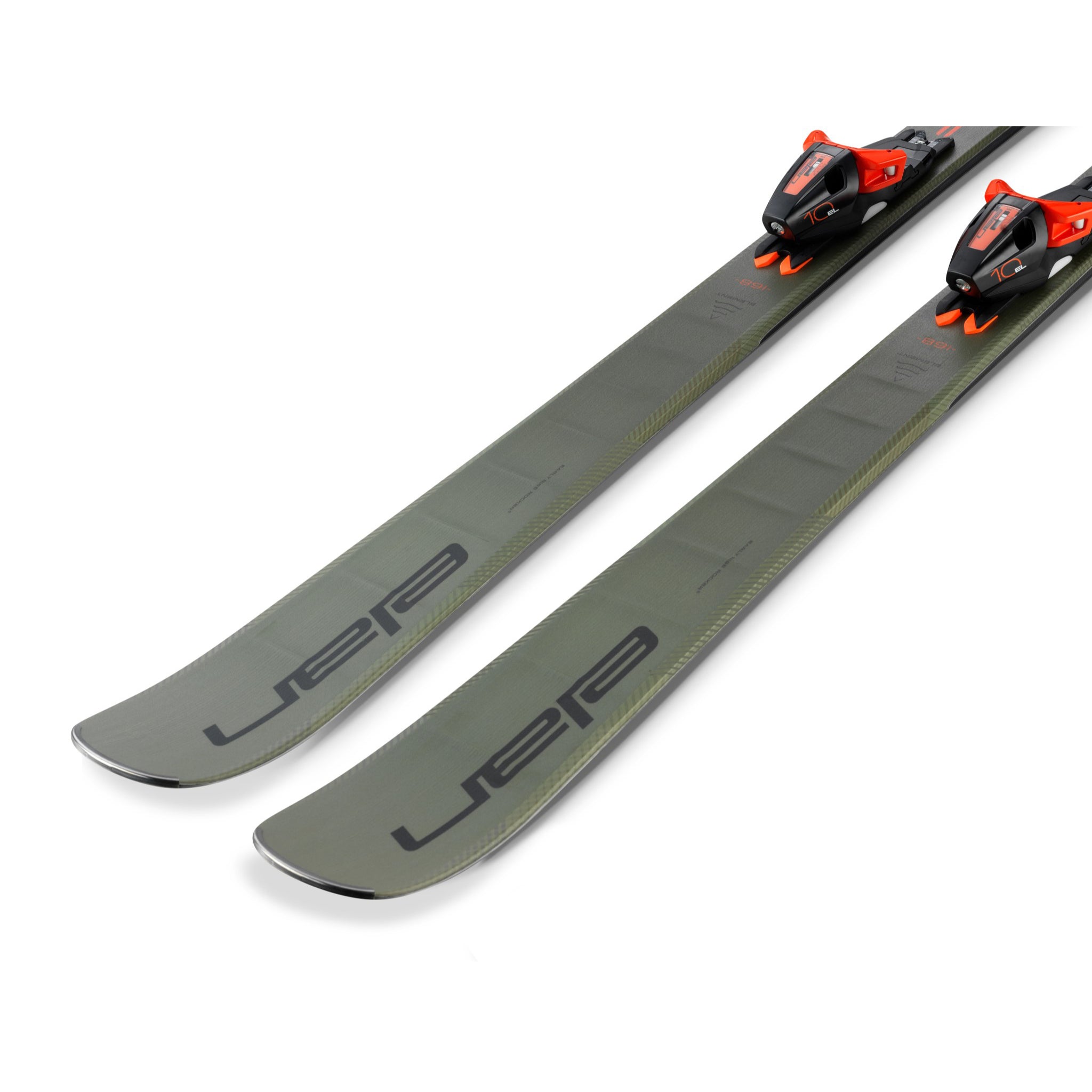 Elan Element 78 System Skis with EL 10.0 Bindings - A pair of skis with a dark green base color and black lettering, featuring the brand name "elan" on the tip of each ski.