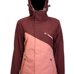 Turbine Women's Elevation Insulated Jacket - A burgundy and salmon-colored jacket with a hood, featuring a diagonal color block design on the front.