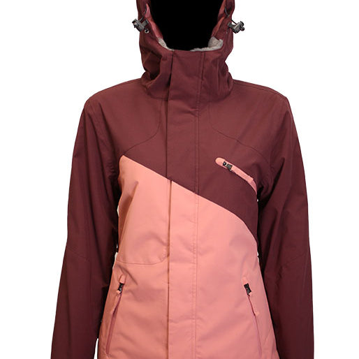 Turbine Women's Elevation Insulated Jacket - A burgundy and salmon-colored jacket with a hood, featuring a diagonal color block design on the front.