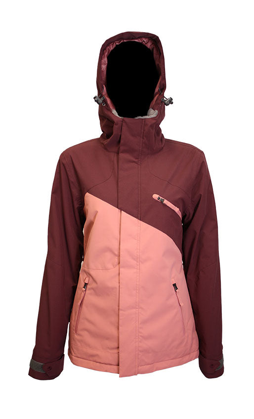 Turbine Women's Elevation Insulated Jacket - A burgundy and salmon-colored jacket with a hood, featuring a diagonal color block design on the front.