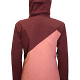 Turbine Women's Elevation Insulated Jacket - A dark brown jacket with a diagonal pink panel on the back, featuring a hood and zippered pockets.