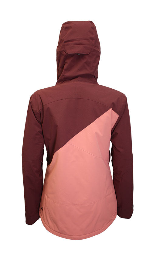 Turbine Women's Elevation Insulated Jacket - A dark brown jacket with a diagonal pink panel on the back, featuring a hood and zippered pockets.