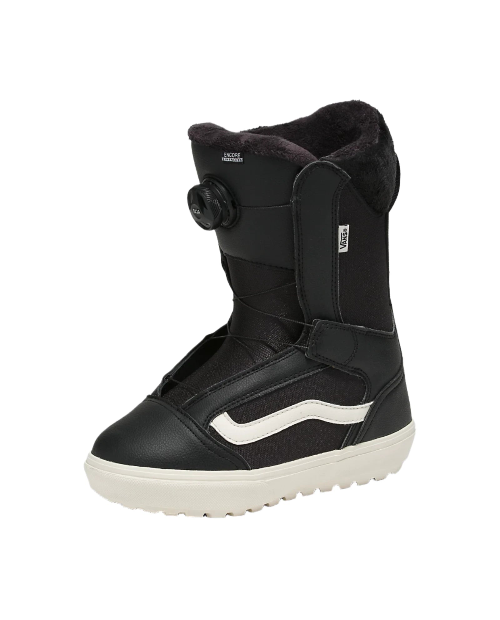 Vans Women's Encore Linerless Snowboard Boot 2025 - Black snowboard boot with white logo on side and black strap across top.