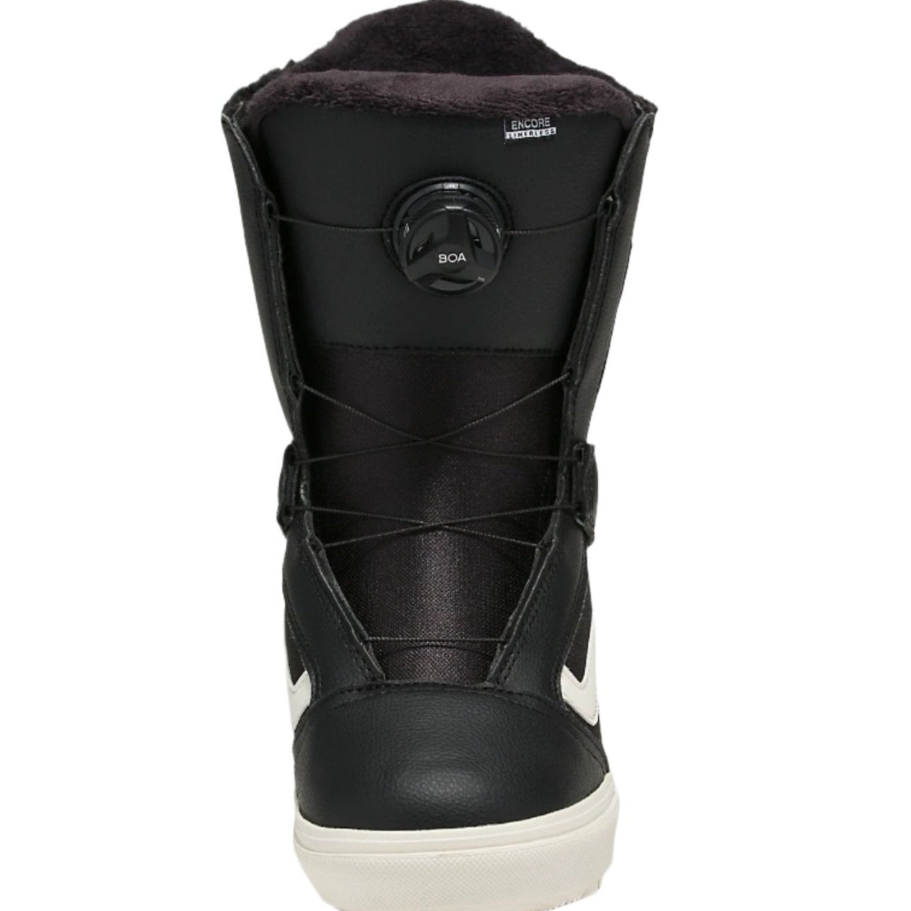 Vans Women's Encore Linerless Snowboard Boot 2025 - Black snowboard boot with white accents and a round black BOA dial on top.