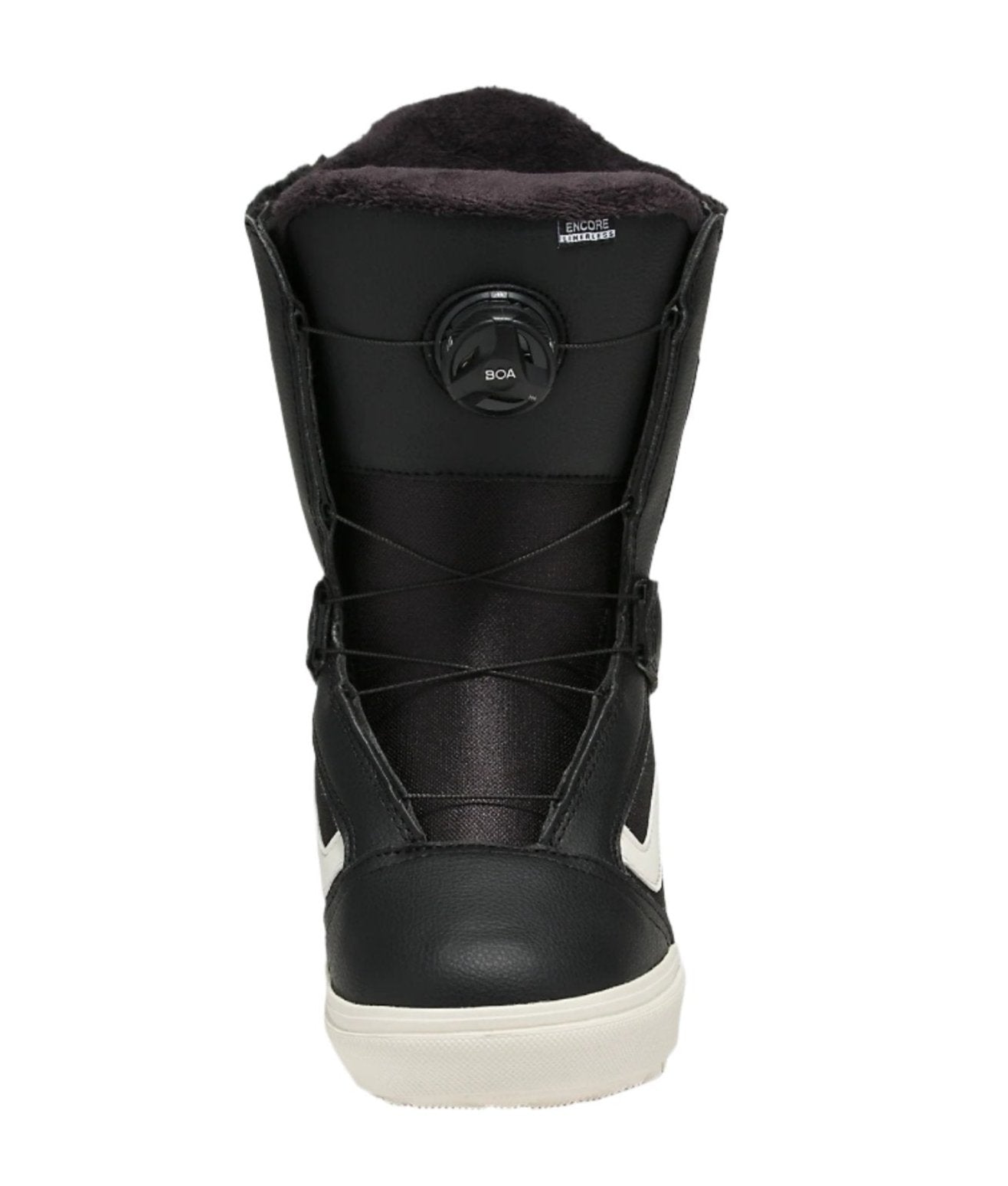 Vans Women's Encore Linerless Snowboard Boot 2025 - Black snowboard boot with white accents and a round black BOA dial on top.