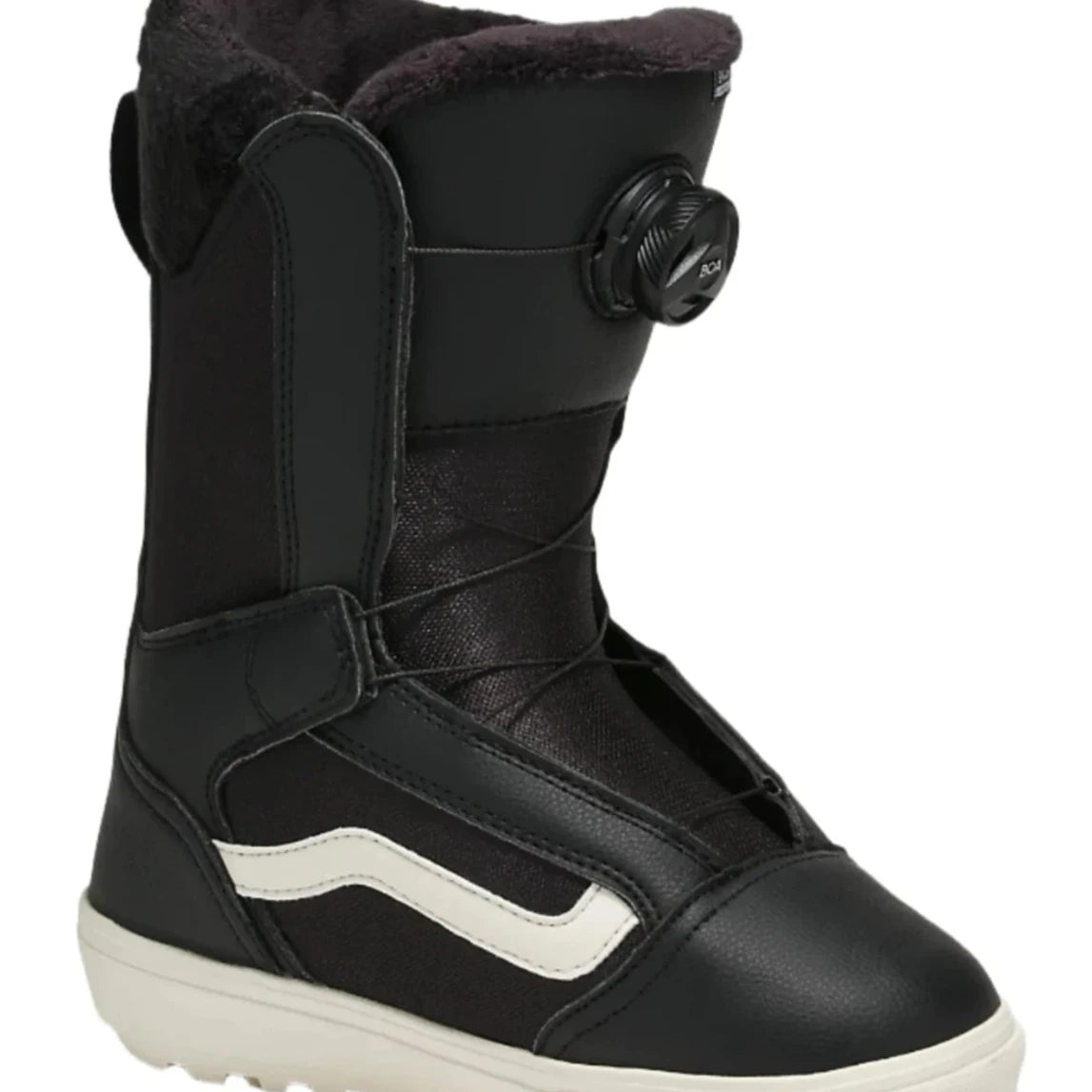Vans Women's Encore Linerless Snowboard Boot 2025 - Black snowboard boot with white logo on side and black strap across front.