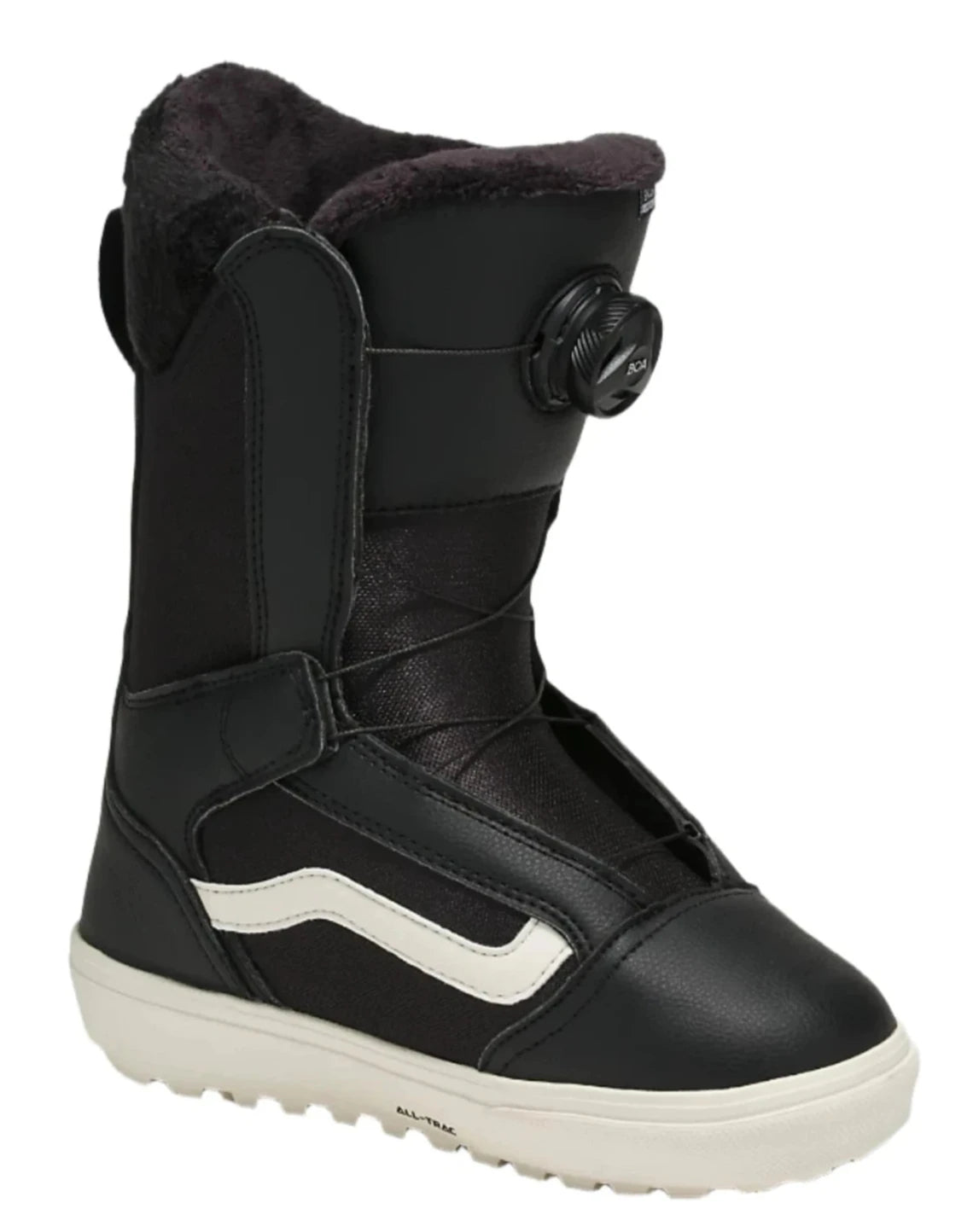 Vans Women's Encore Linerless Snowboard Boot 2025 - Black snowboard boot with white logo on side and black strap across front.