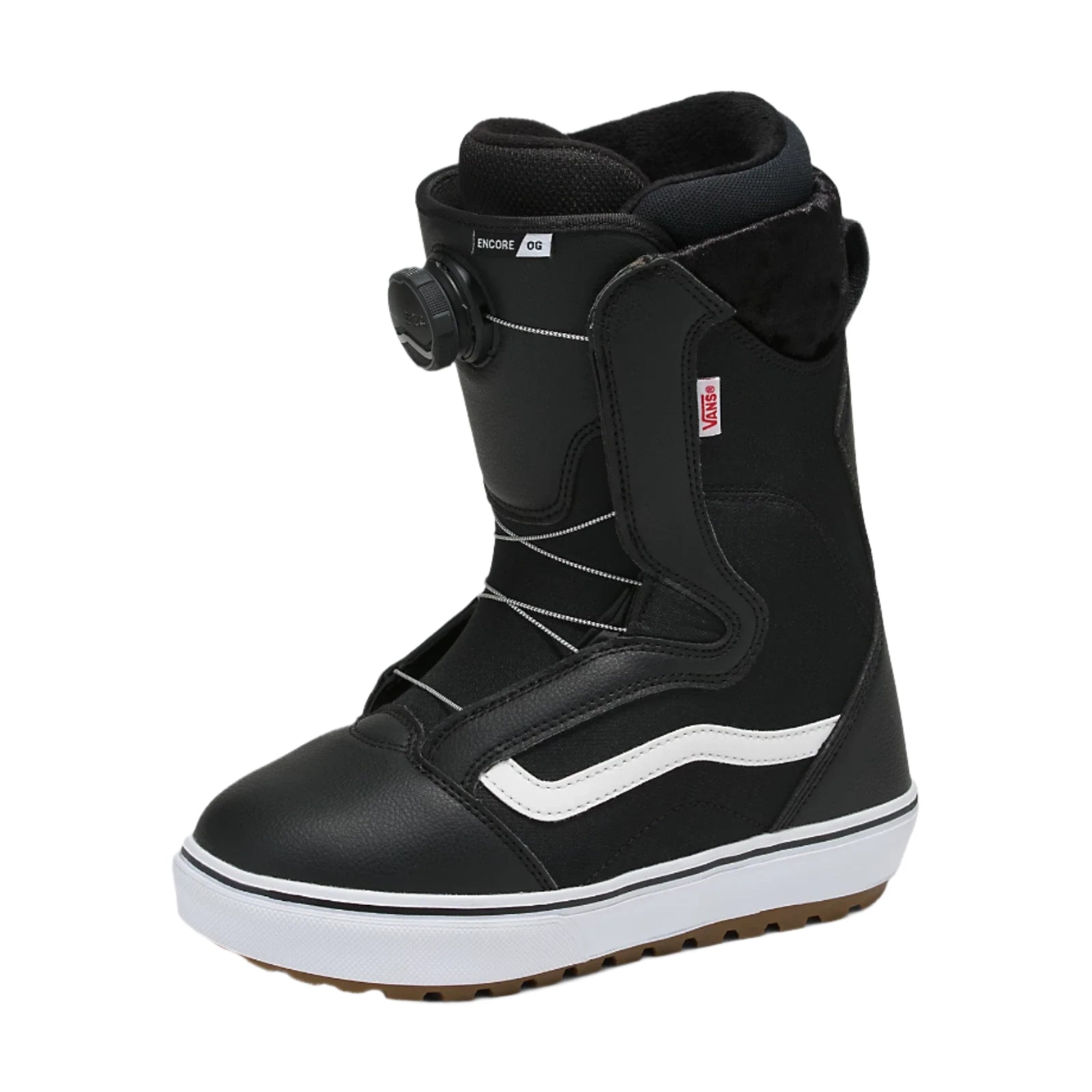 Vans Women's Encore OG Snowboard Boot 2025 - Black snowboard boot with white accents and a brown sole.