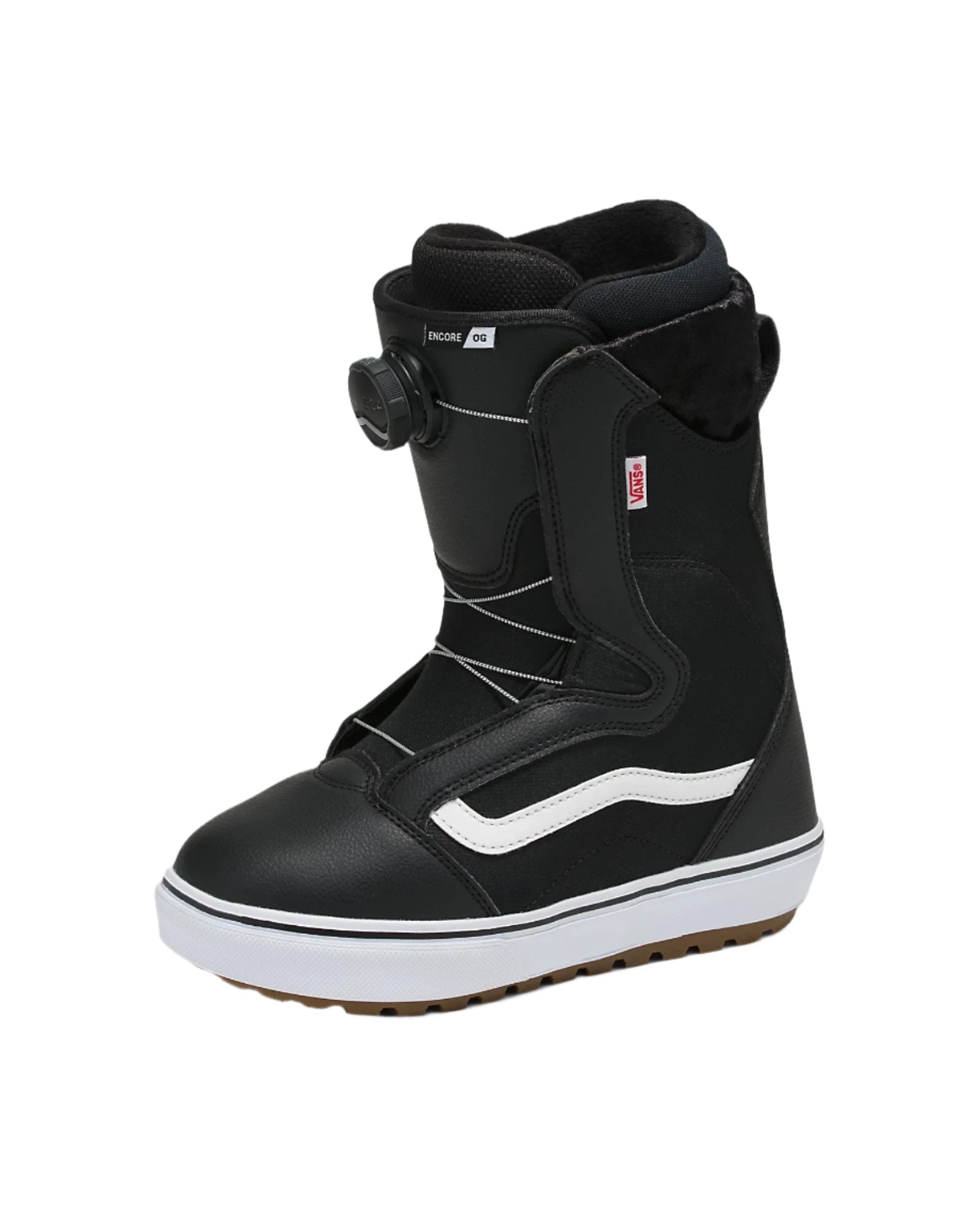 Vans Women's Encore OG Snowboard Boot 2025 - Black snowboard boot with white accents and a brown sole.