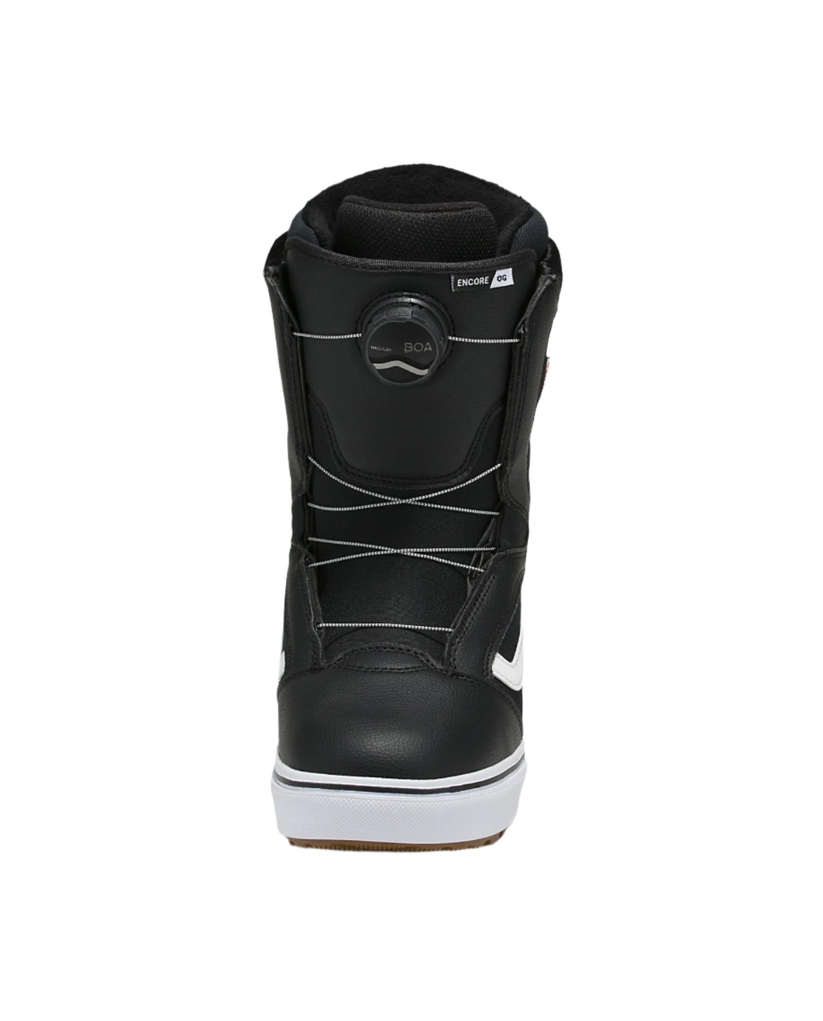Vans Women's Encore OG Snowboard Boot 2025 - A black snowboard boot with a white stripe on the side and a round BOA dial at the top.