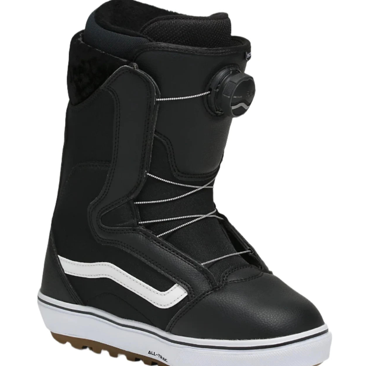 Vans Women's Encore OG Snowboard Boot 2025 - Black snowboard boot with white accents and a brown sole.