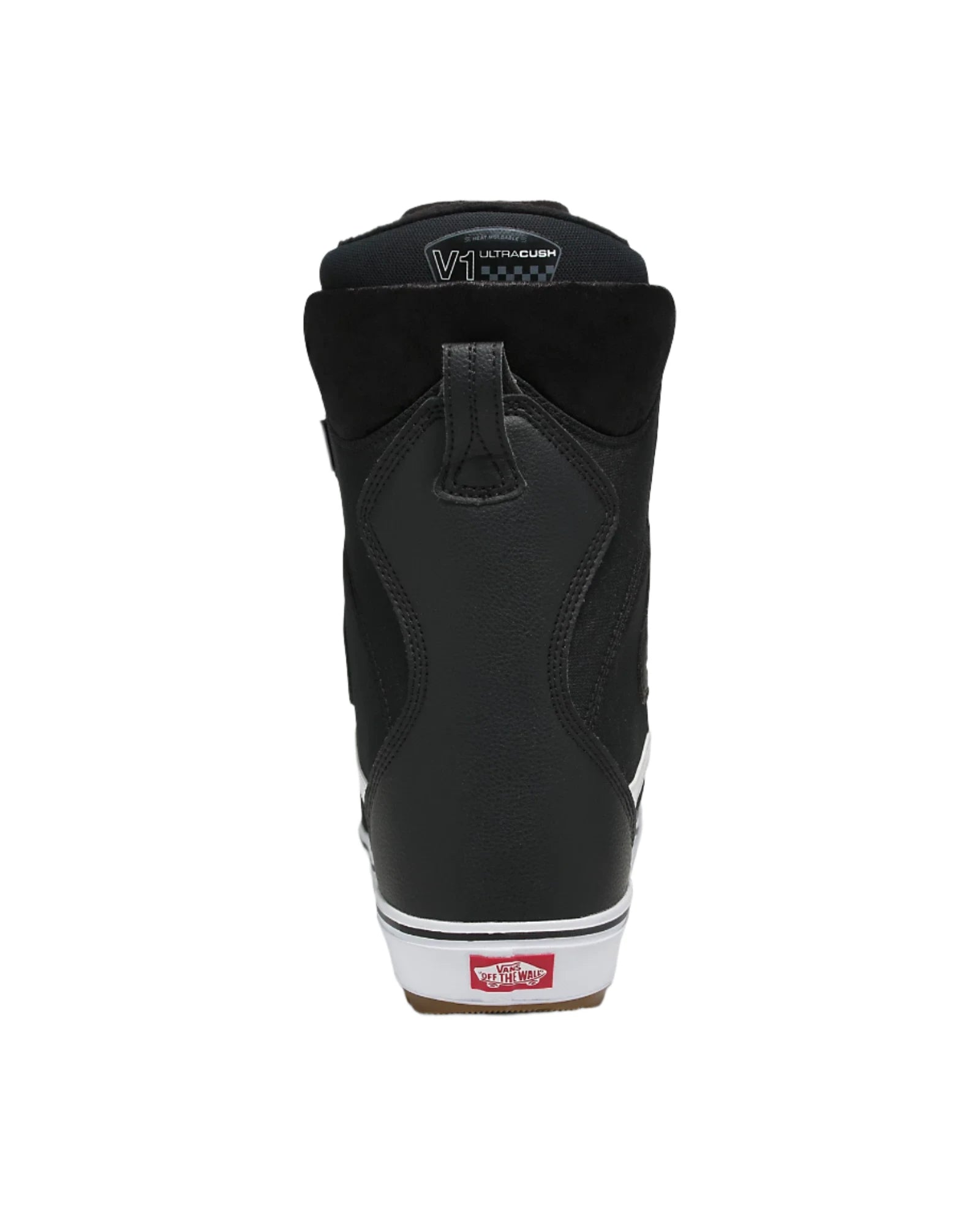 Vans Women's Encore OG Snowboard Boot 2025 - Black snowboard boot with a white stripe on the side and a red logo on the heel.