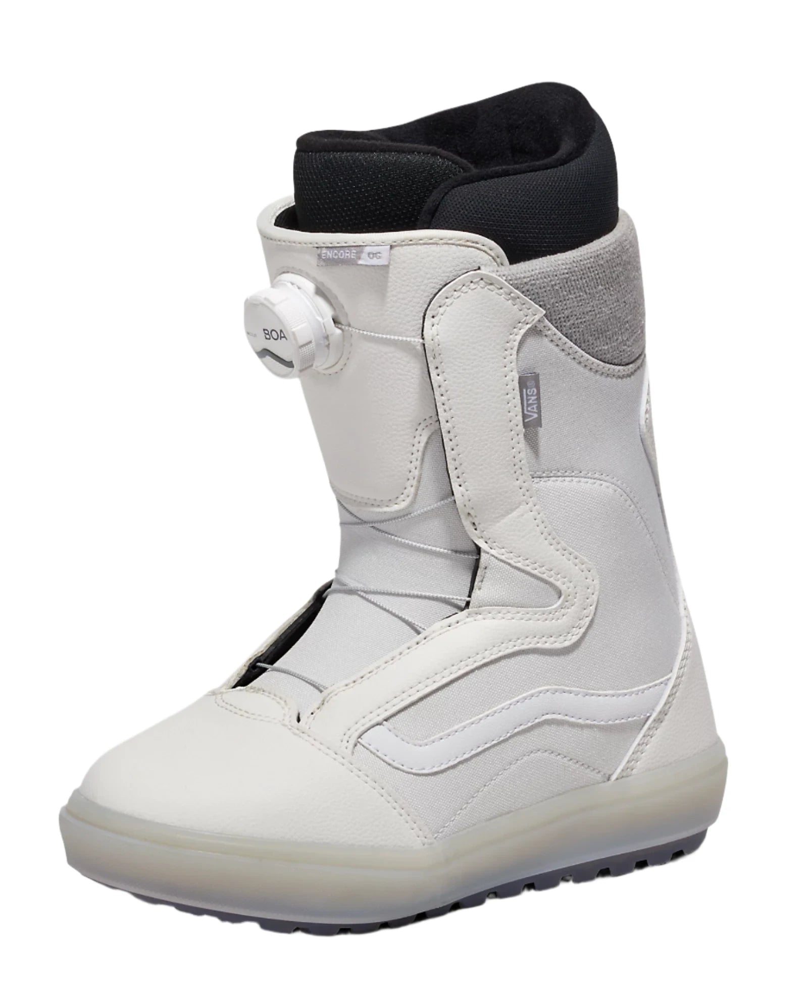 Vans Women's Encore OG Snowboard Boot 2025 - A white snowboard boot with a black strap and buckle on the side.