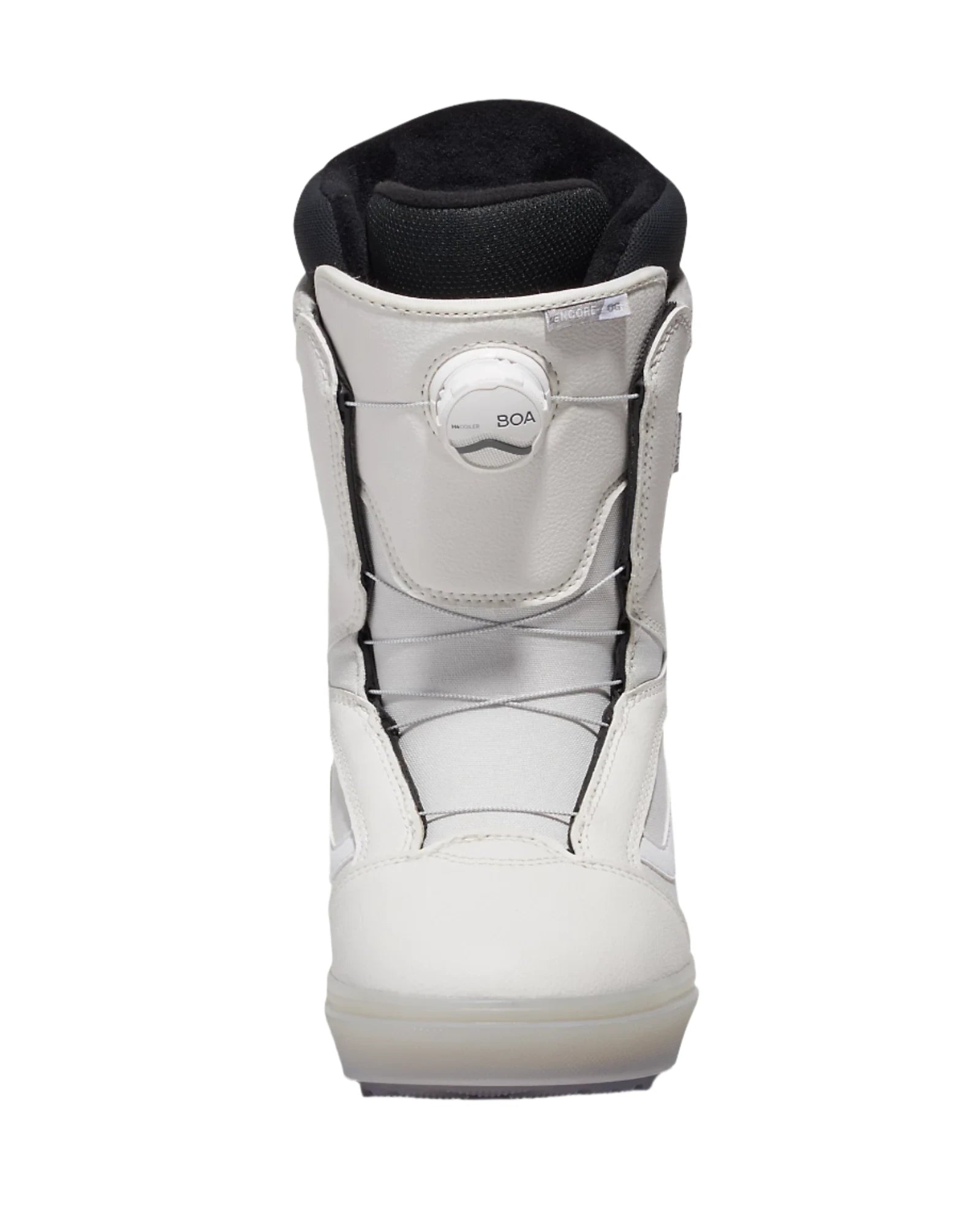 Vans Women's Encore OG Snowboard Boot 2025 - A white snowboard boot with a black logo on the side and a black strap across the top.