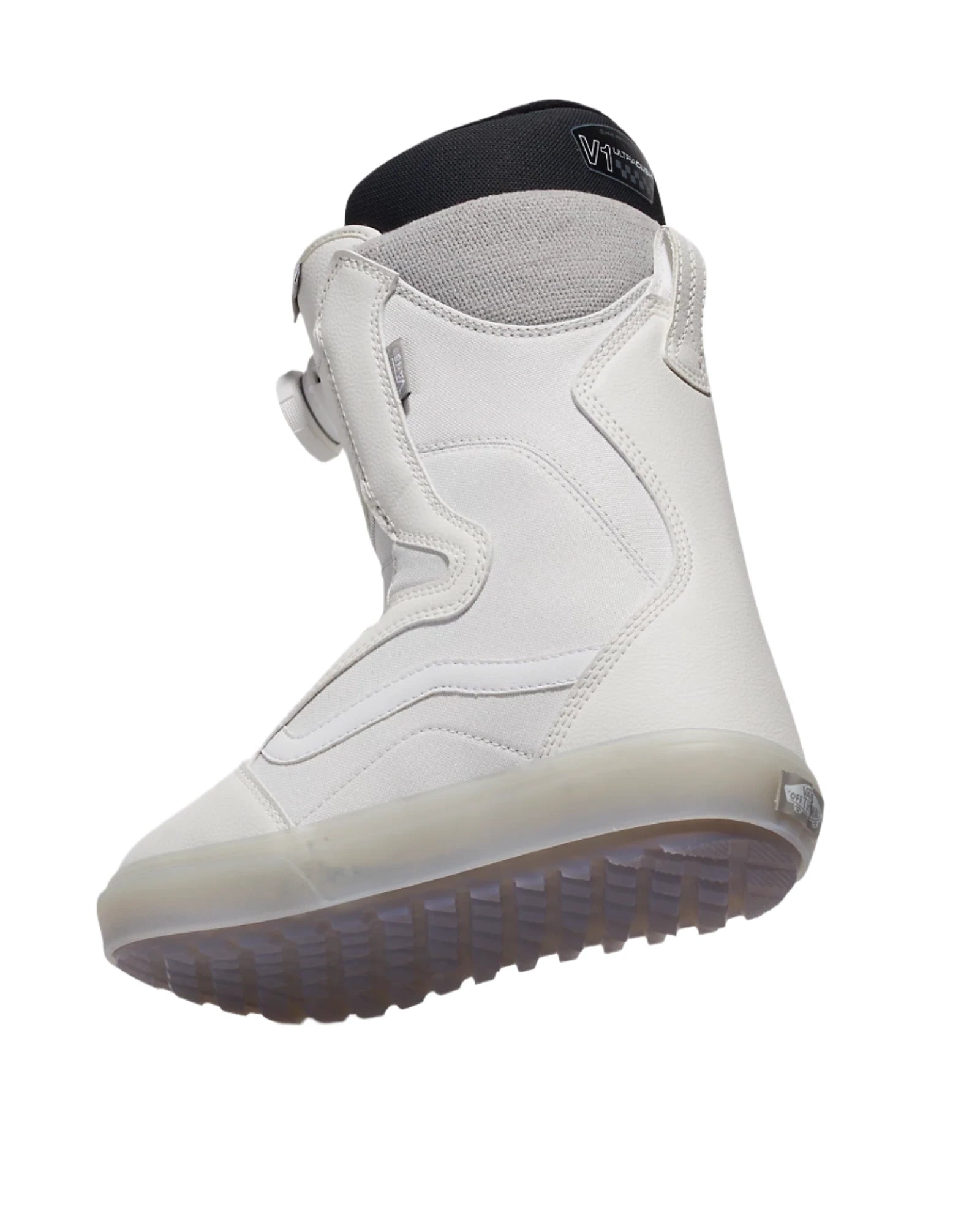 Vans Women's Encore OG Snowboard Boot 2025 - A white snowboard boot with a black logo on the tongue and a textured sole.