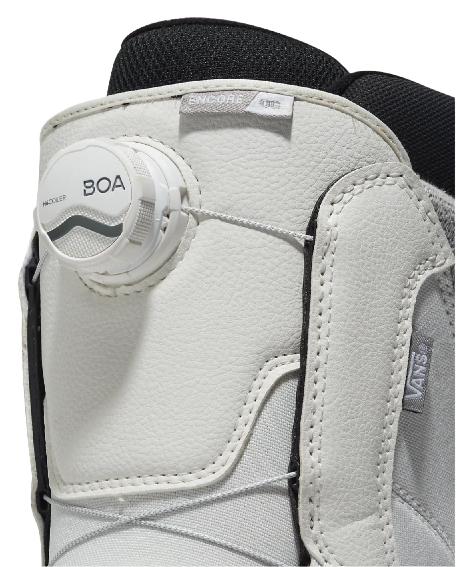 Vans Women's Encore OG Snowboard Boot 2025 - A white snowboard boot with a black strap on top and a gray logo on the side.