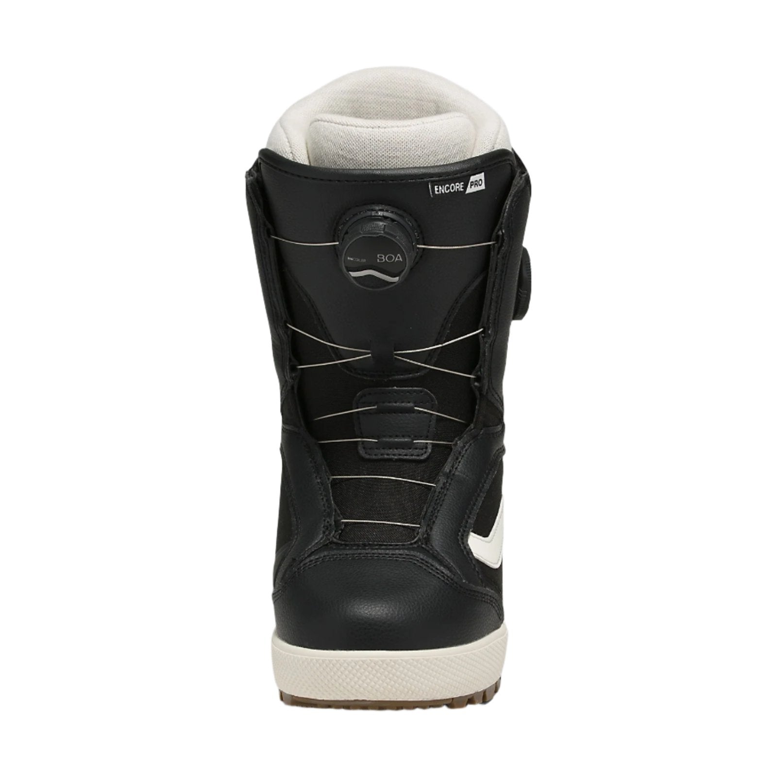 Vans Women's Encore Pro Snowboard Boot 2025 - Black snowboard boot with white accents and a white sole.