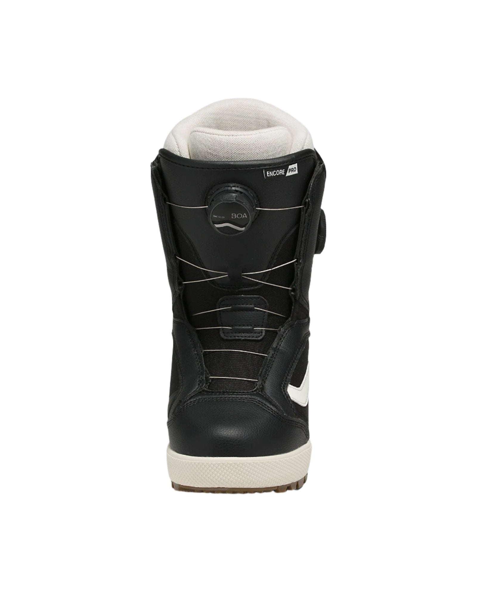 Vans Women's Encore Pro Snowboard Boot 2025 - Black snowboard boot with white accents and a white sole.
