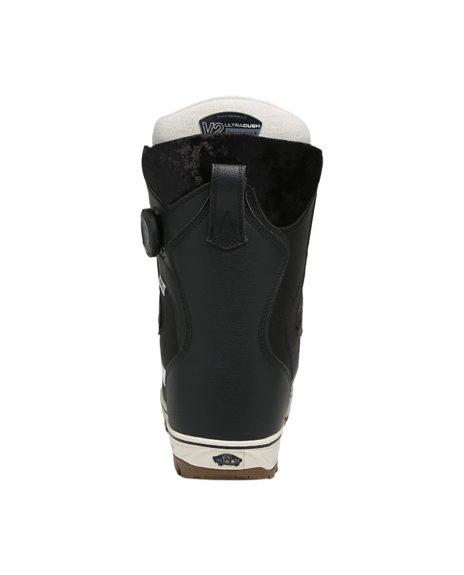 Vans Women's Encore Pro Snowboard Boot 2025 - Black snowboard boot with white accents and a black strap on the back.