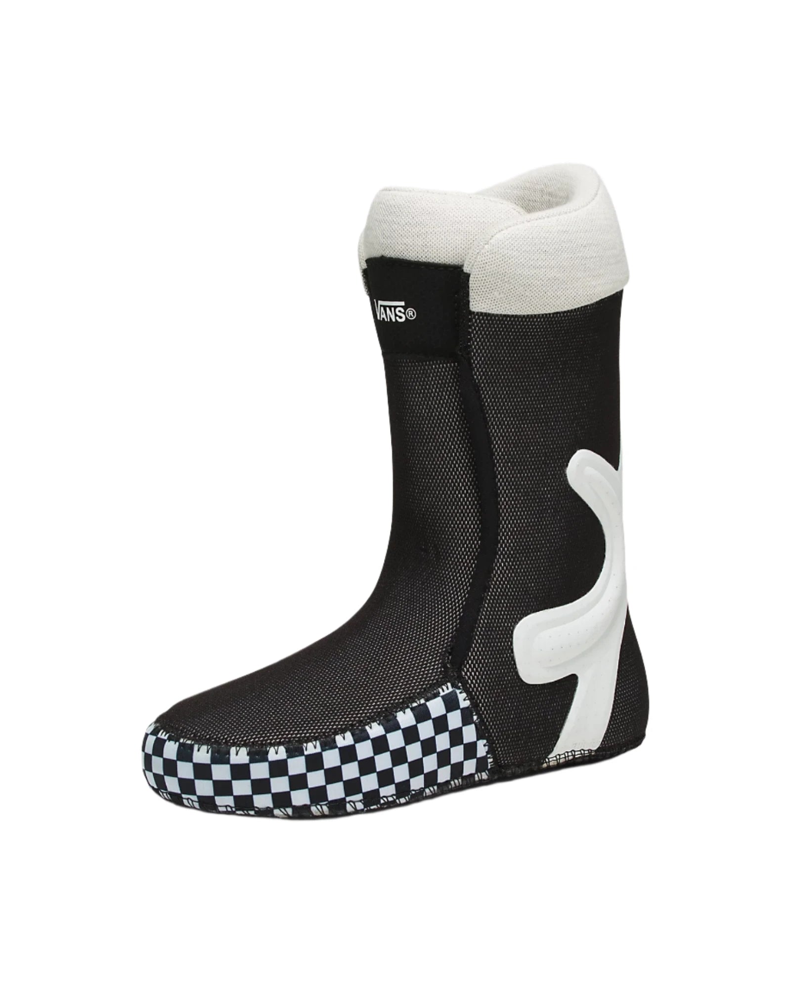 Vans Women's Encore Pro Snowboard Boot 2025 - A black snowboard boot with a white logo on the side and a checkered pattern on the toe.