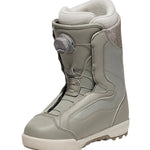 Vans Women's Encore Pro Snowboard Boot 2025 - A light gray snowboard boot with a textured pattern on the side and a round, gray dial on the front.