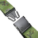 Close-up of the black buckle of a green belt with a floral pattern. The buckle is in two pieces, showing how they connect together. The word "ARCADE" is visible on one side of the buckle.