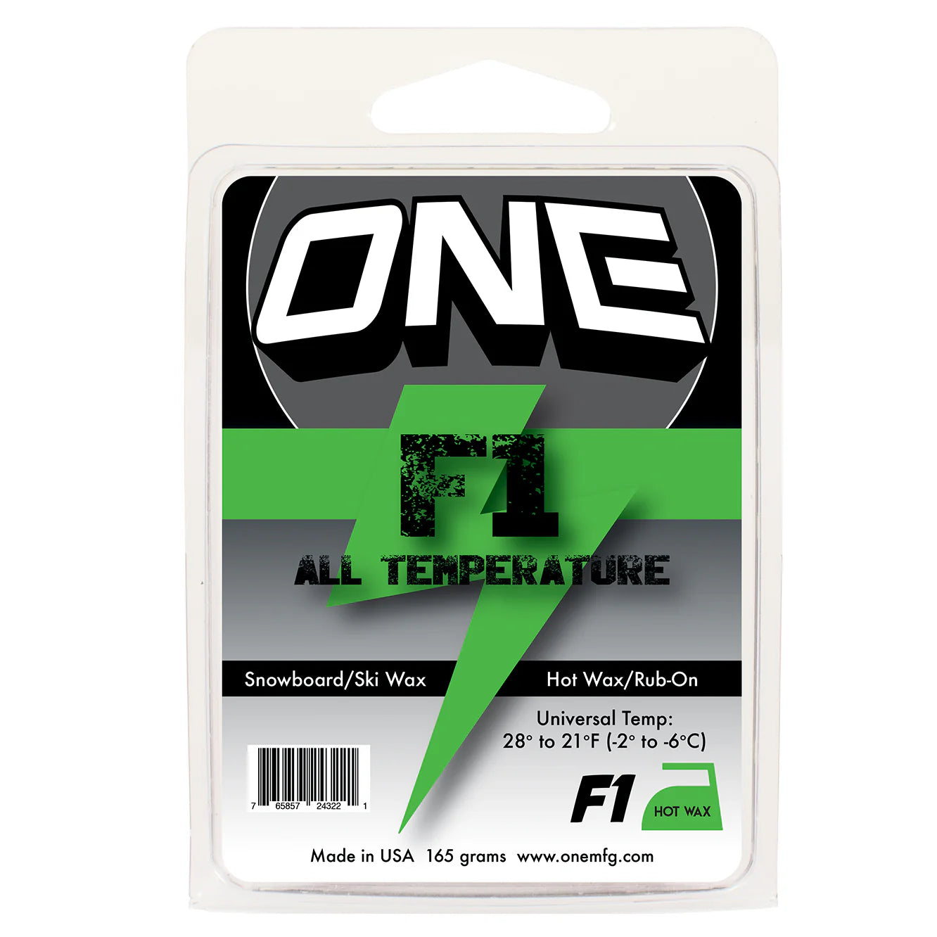 Oneball F1 Rub-On All Temp Wax 165G - A green and white wax block with a circular logo at the top, featuring the word "ONE" in large letters.