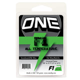 Oneball F1 Rub-On All Temp Wax 165G - A green and white wax block with a circular logo at the top, featuring the word "ONE" in large letters.