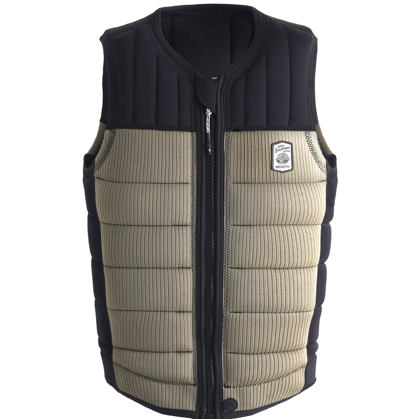 Follow Employee Of The Month Impact Vest 2024 - A black vest with a white logo on the left chest area and a zipper down the front.