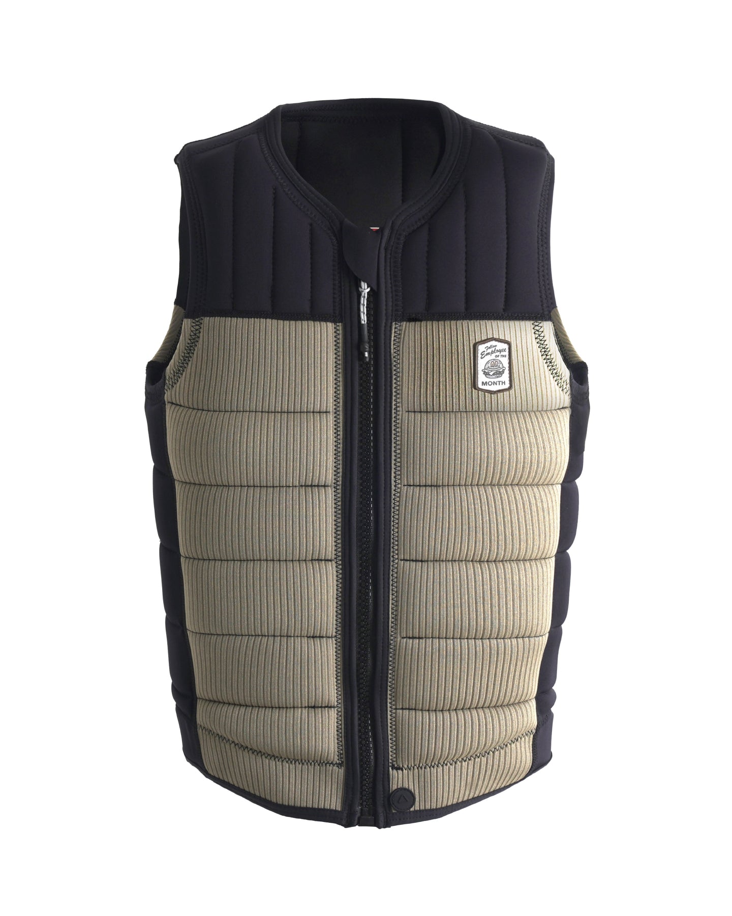 Follow Employee Of The Month Impact Vest 2024 - A black vest with a white logo on the left chest area and a zipper down the front.