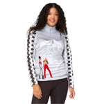 Krimson Klover Women's Groove Base layer Top - A woman with long, curly hair wearing a white base layer top with black and grey abstract patterned sleeves.