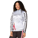 Krimson Klover Women's Groove Base layer Top - A white base layer top with a black and grey abstract pattern on the front, featuring long sleeves with a repeating black and grey geometric design.