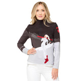 Krimson Klover Women's Lets Dance 1/4 Zip Base Layer Top - A black base layer top with a zipper at the neck and a woman dancing in red boots on the front.
