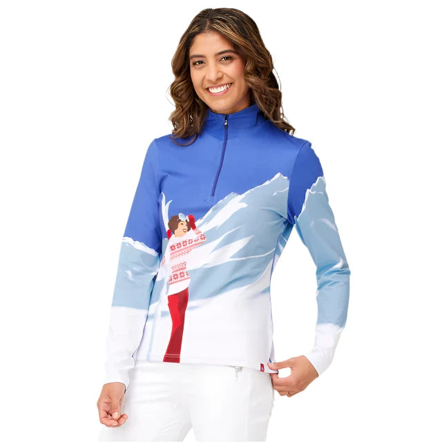 Krimson Klover Mountain View 1/4 Zip Base Layer Top 2025 - A blue and white base layer top with a cartoon skier on the front.