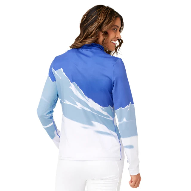 Krimson Klover Mountain View 1/4 Zip Base Layer Top 2025 - A blue and white base layer top with a mountain graphic on the back.