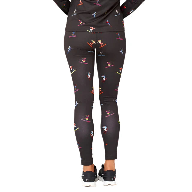 Krimson Klover Women's Multi Skiers Legging 2025 - A pair of black leggings with a repeating pattern of skiers in various colors.