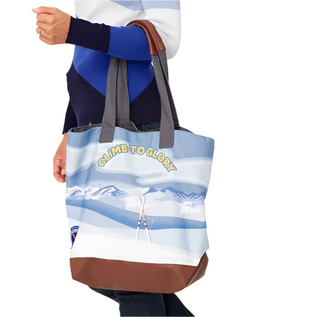 Krimson Klover Women's Illustrated Tote 2025 - A large tote bag with a colorful illustration of mountains and trees on it.