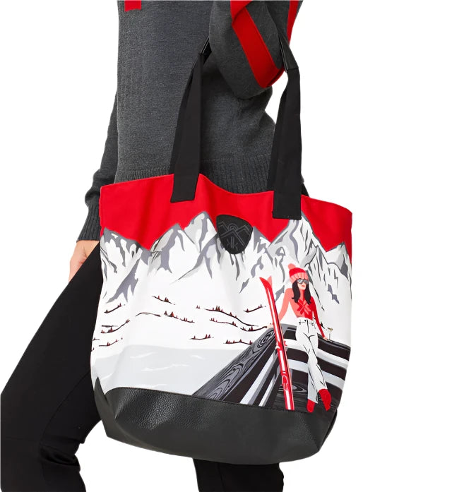 Krimson Klover Women's Illustrated Tote 2025 - A gray tote with a red and black illustration of skiers on the front.