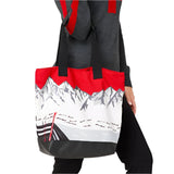 Krimson Klover Women's Illustrated Tote - A white tote with a red and black illustration of mountains, trees, and a river on one side.