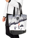 Krimson Klover Women's Illustrated Tote - A white tote bag with a black and grey illustration of mountains, trees, and skiers on it.