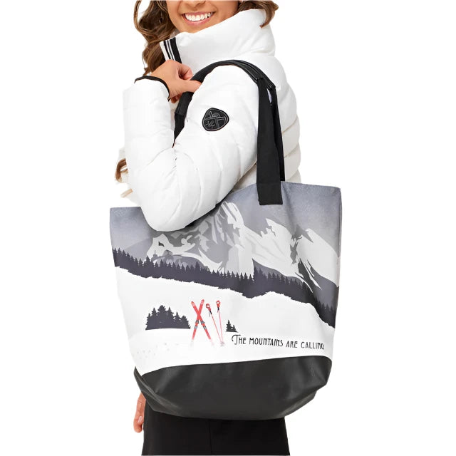 Krimson Klover Women's Illustrated Tote - A large, white tote bag with a black strap and an illustration of mountains in shades of gray and white.
