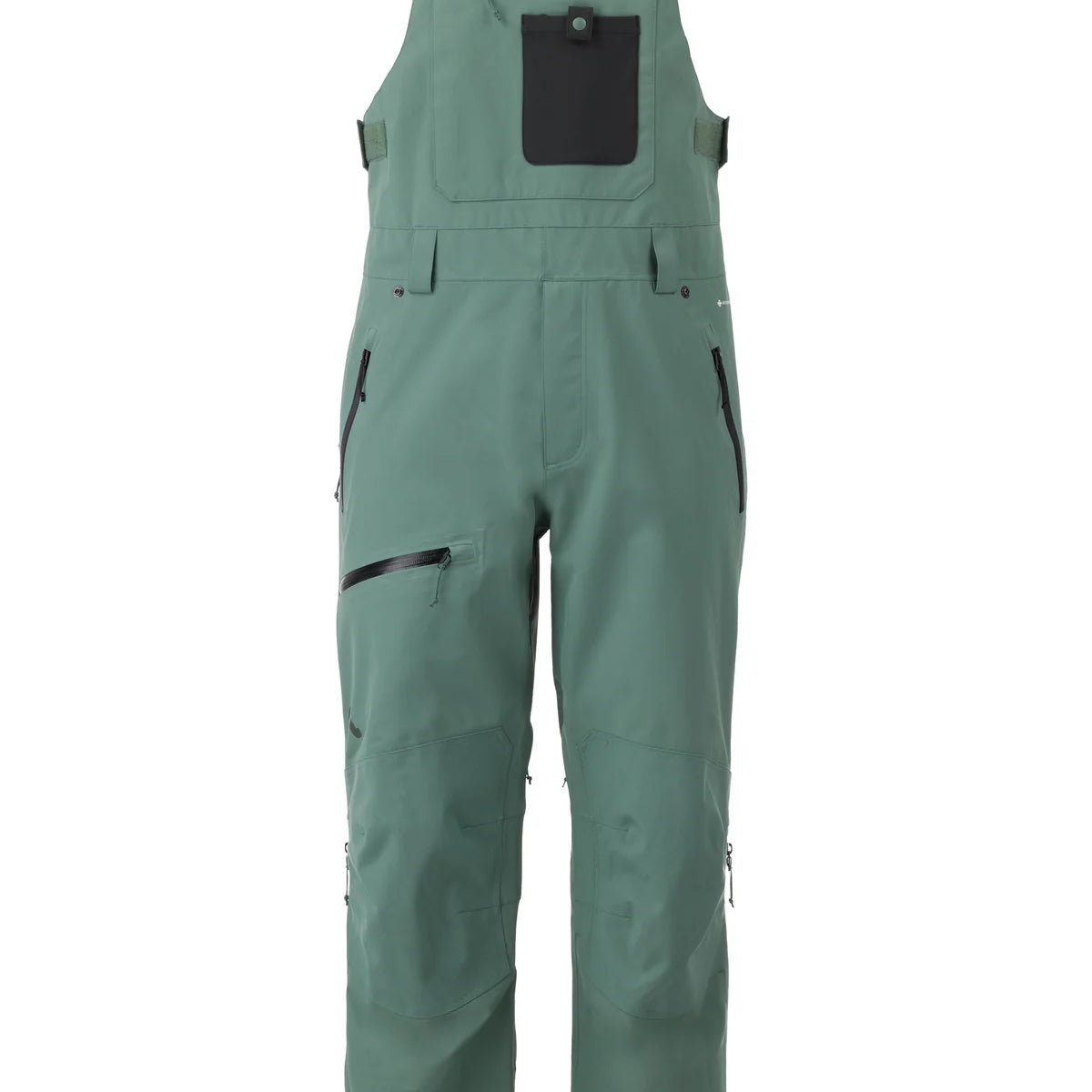 Flylow Baker Bib 2025 - Dark green bib with black hardware, zippered leg pockets, and a white logo on the left thigh.