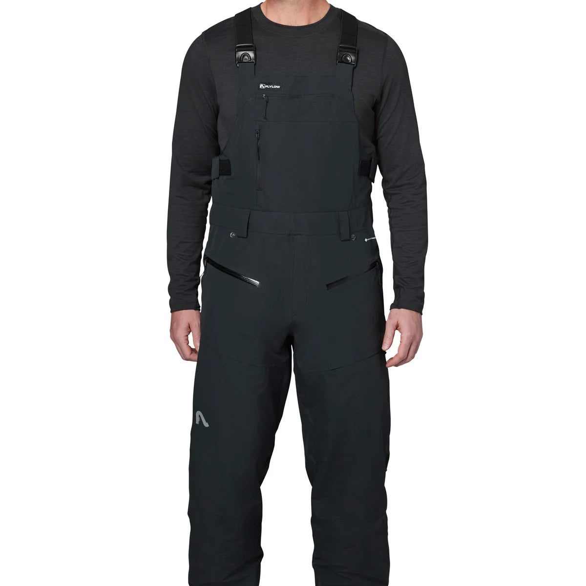 Flylow Firebird Bib - Black bib with white logo on left thigh, black straps and buckles.