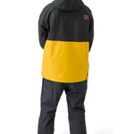 Flylow Knight Anorak Jacket - A black jacket with a yellow stripe across the chest and down the back, featuring a hood and zippered pockets.
