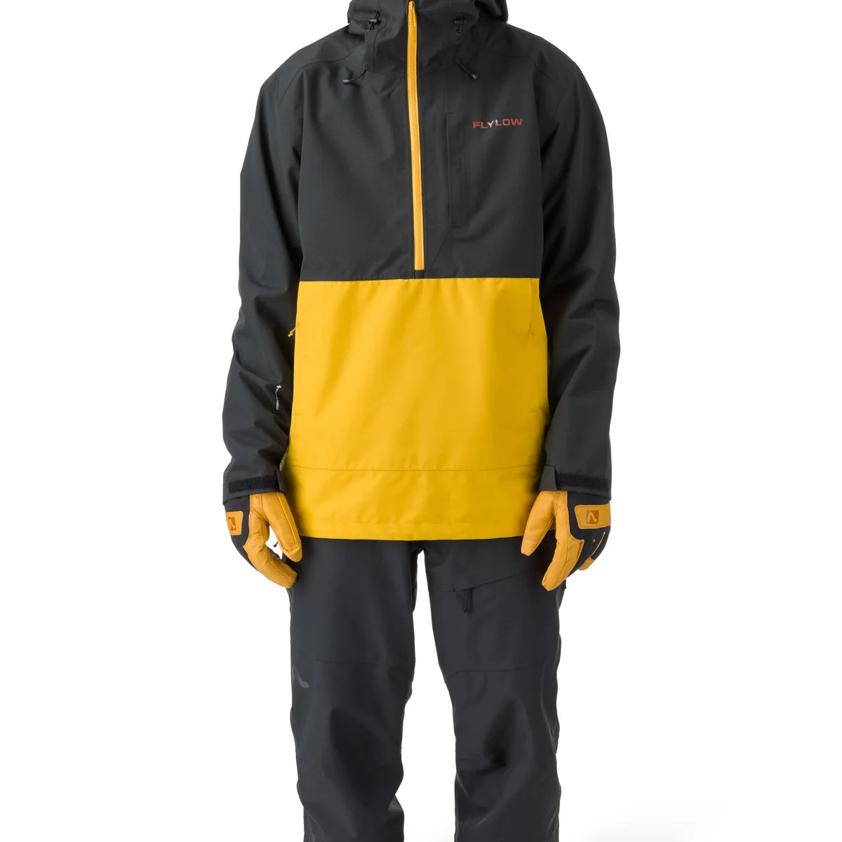 Flylow Knight Anorak Jacket - A black jacket with a yellow chest panel and hood, featuring a zipper down the front.