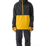 Flylow Knight Anorak Jacket - A black jacket with a yellow chest panel and hood, featuring a zipper down the front.