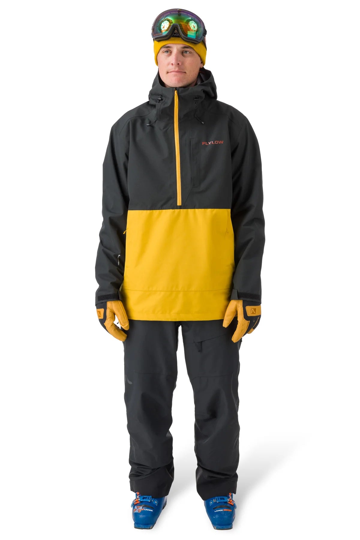 Flylow Knight Anorak Jacket - A black jacket with a yellow chest panel and hood, featuring a zipper down the front.