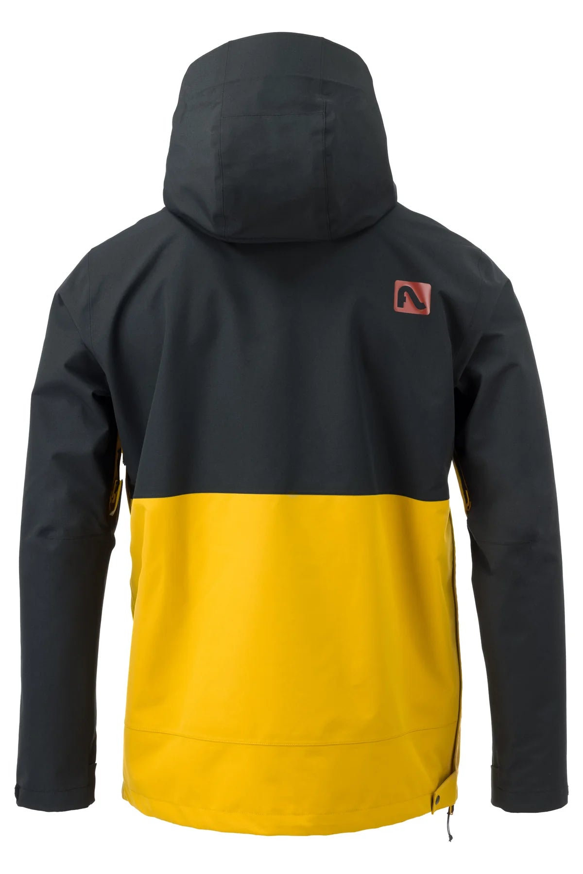 Flylow Knight Anorak Jacket - A black jacket with a red logo on the upper right side, featuring a hood and zippered pockets.
